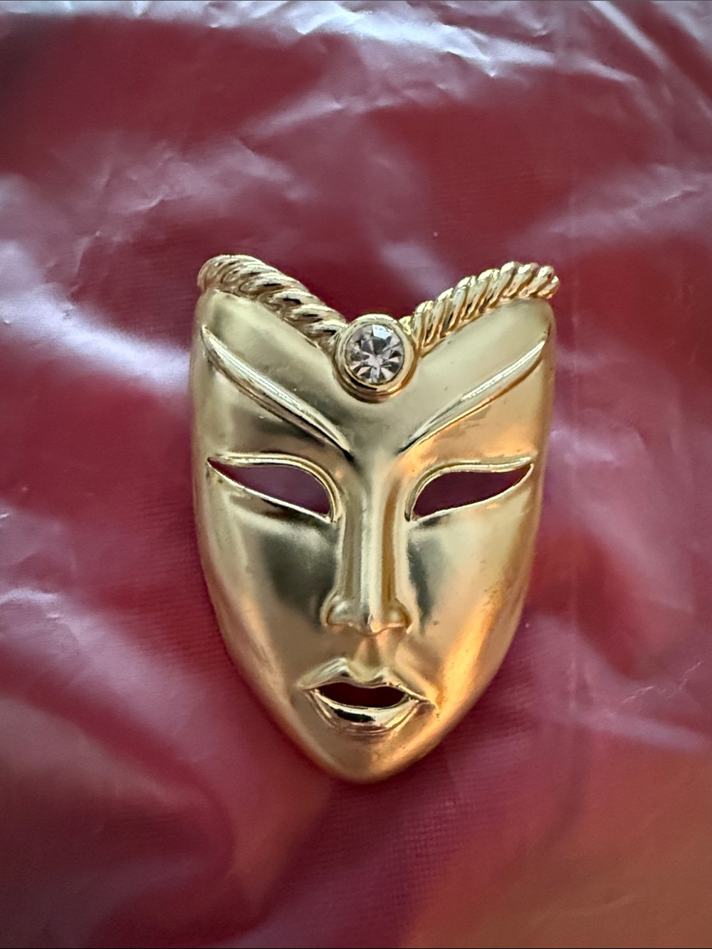Gold Mask Face Brooch with Clear Stone Accent
